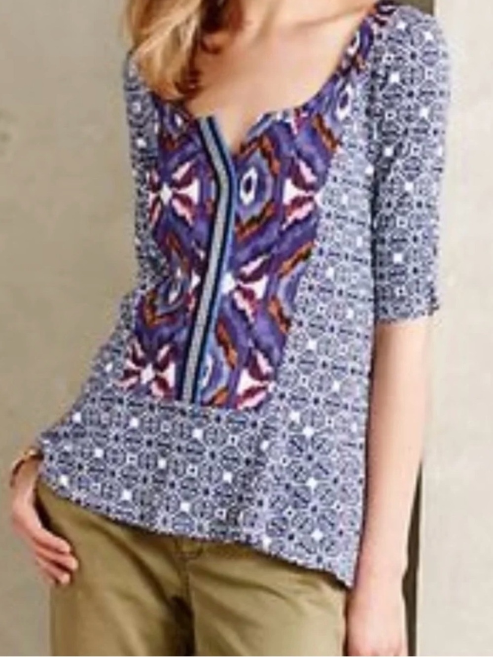 Akemi + Kin by Anthropologie Purple and Blue Mixed-Print Blouse - Size M